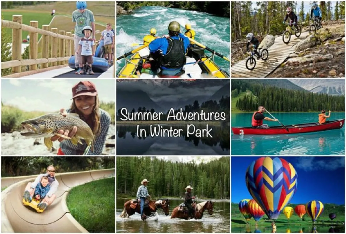 A vibrant summer scene with families engaging in kayaking, mountain biking, fishing, horseback riding, hot air ballooning, and enjoying nature. The landscape is lush and scenic, filled with outdoor excitement.