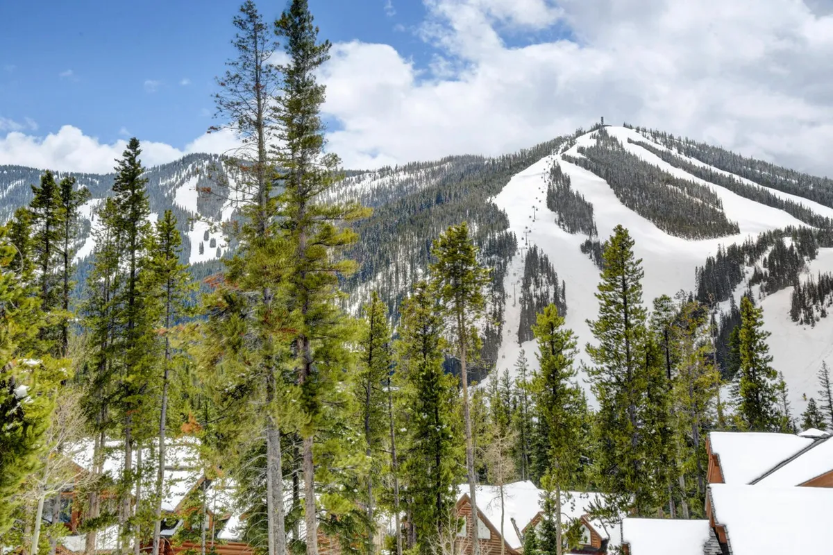 A tranquil exterior view of rustic cabins nestled among dense evergreen trees, set beneath a snow-capped mountain. The scene exudes a sense of serenity and adventure, suggesting proximity to nature and easy access to outdoor pursuits like hiking, skiing, and snowboarding.