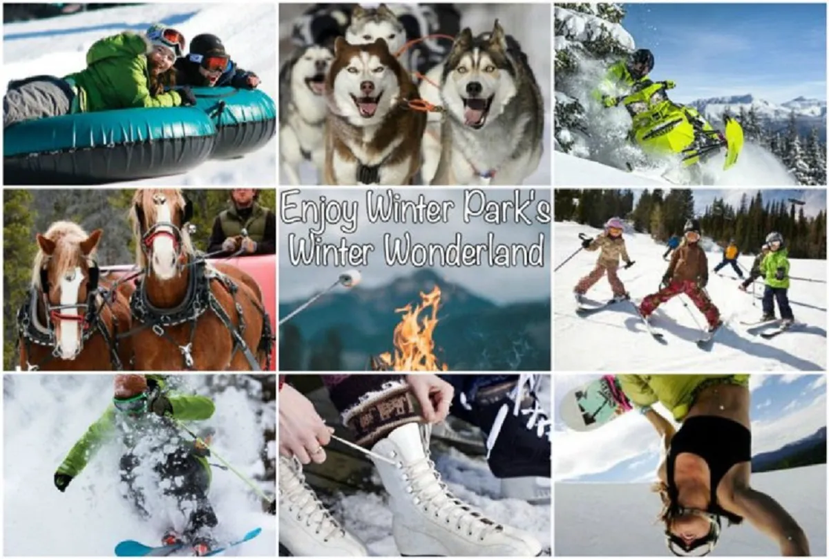 A lively winter scene featuring families and groups enjoying outdoor activities such as tubing, dog sledding, snowmobiling, horse-drawn carriage rides, campfires, skiing, snowboarding, and ice skating. The landscape is snowy, bustling with excitement and togetherness.