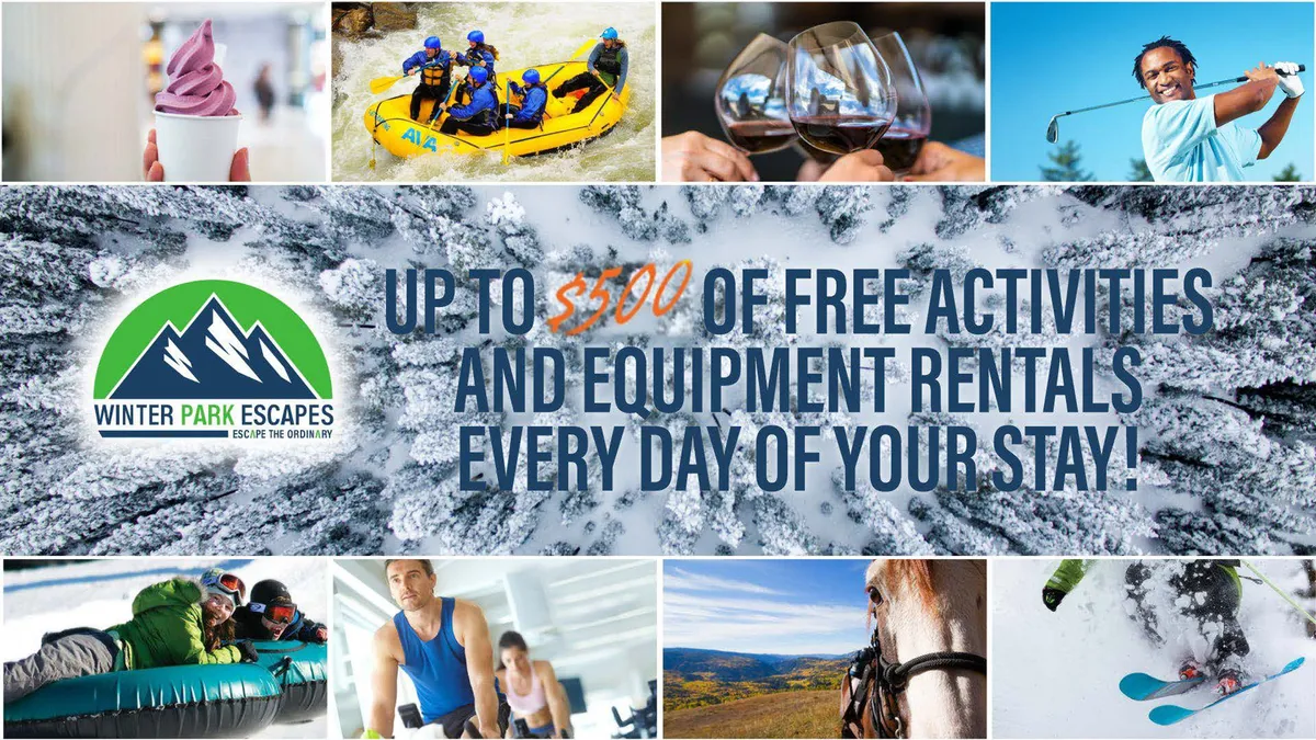 A collage of outdoor adventure activities, food and drink, and entertainment options, all set against a Rocky Mountain backdrop. The image hints at activities like rafting, skiing, golf, horseback riding, spa relaxation, and culinary exploration, capturing both excitement and sophistication.
